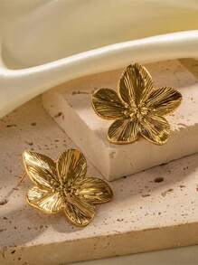 1 Pair Fashionable Oversized Gold Color Floral Stud Earrings, Chic And Versatile European And American Style, High-End Metallic Best Seller - Yellow Gold - View 2