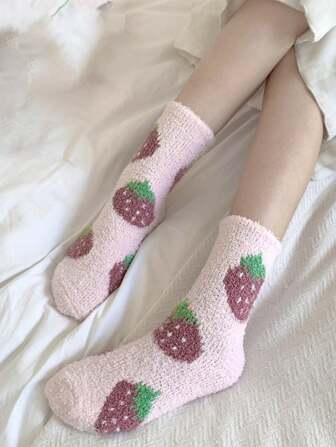 1 Pair Cute Strawberry Coral Fleece Knee High Fluffy Socks, Cozy
