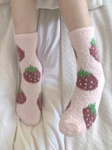 1 Pair Cute Strawberry Coral Fleece Knee High Fluffy Socks, Cozy - Pink - View 3