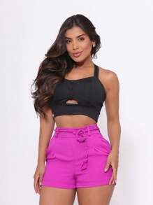 SHORTS ALFAIATARIA FEMININO TECIDO LEVE E REFORÇADO COM BARRINHA DOBRADA E CINTO MODELA CORPO - Pink - Visão 4