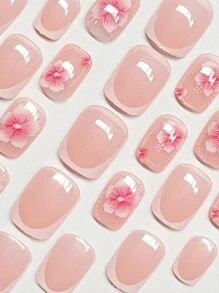 24Pcs Light Pink Short Floral Nail Art Stickers Press On Nails Nail Supplies Nails - Pink - View 5
