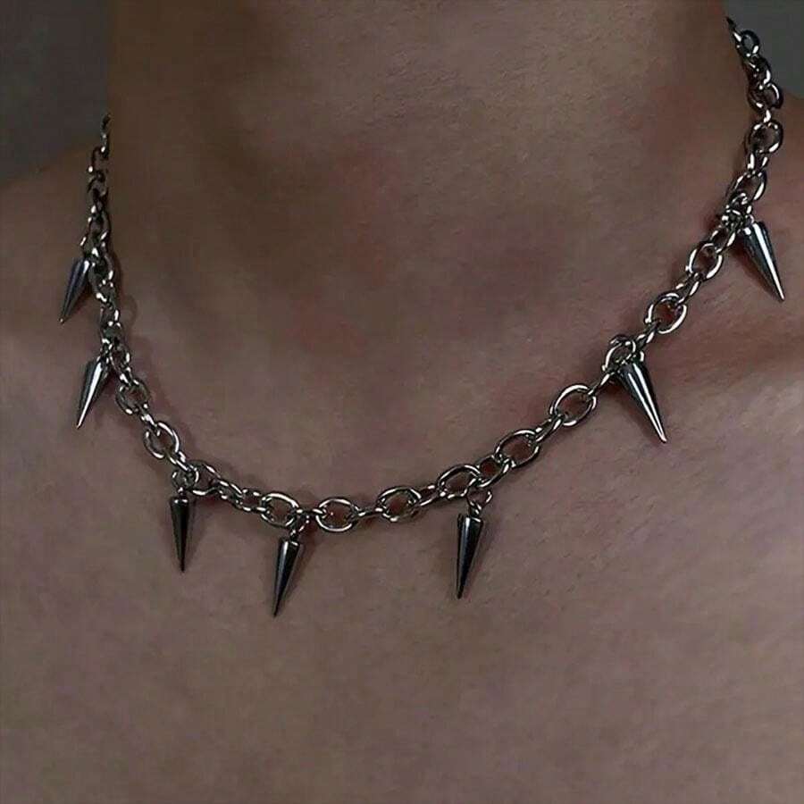 1pc Punk Rock Rivet Cone Pendant Necklace, Unique Bohemian Hip-Hop Style Accessory Suitable For Men - Multicolor - View 1