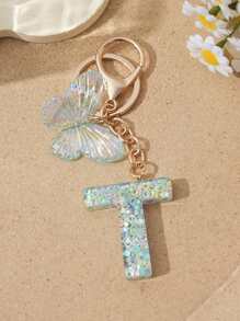 1pc Creative Keychain With Letter Stone Resin Pendant, Butterfly Tassel Letter Charm Keyring For Girls - White - View 20