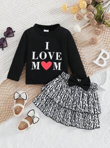 2 件装女婴圆领字母印花长袖上衣和分层裙子套装，春秋 - 黑色 - 查看 1