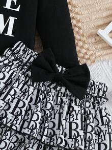 2 件装女婴圆领字母印花长袖上衣和分层裙子套装，春秋 - 黑色 - 查看 5