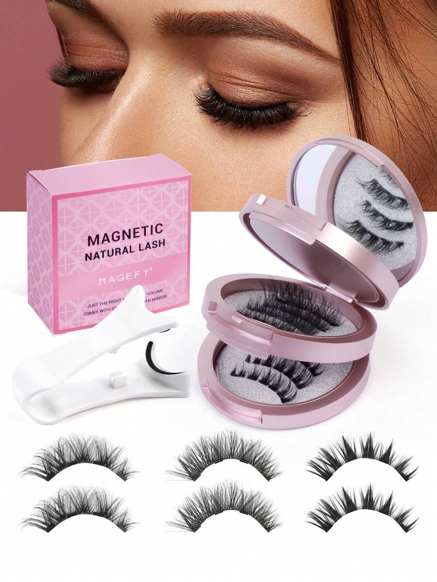 3 Pairs Magnetic False Eyelashes Kit With Mirror & Applicator Reusable Glue-Free Eyelashes Natural Manga Eyelashes Cat Eye Fluffy Faux Mink Eye Lashes With Tweezers Makeup Tool For Beauty, Travel, Daily Work,Halloween,Cosplay 7-14mm - 黑色 - 查看 1