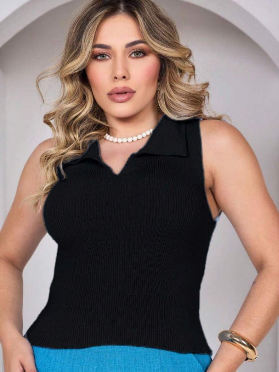 New Short Sleeve Small Lapel Women's Knitwear - màu đen - Xem 1