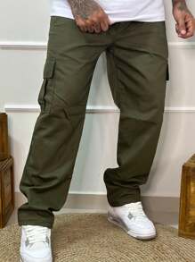 Kit 2 Men's Cargo Pants Jeans And Twill With Wide Legs And Elastic Waistband With Utility Pockets 100% Cotton, For Casual Work - 軍綠色 - 查看 3