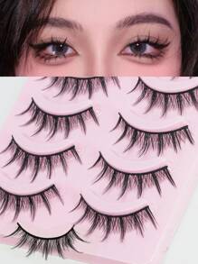 5 对动漫睫毛自然外观仿貂皮纤细蓬松 3D 浓密睫毛韩国日本亚洲角色扮演睫毛 - 黑色 - 查看 1