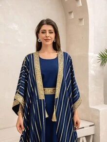 2pcs Set Style Gold Foil Retro Print Long Dress For Women, Modest Kaftan - Blue - View 1