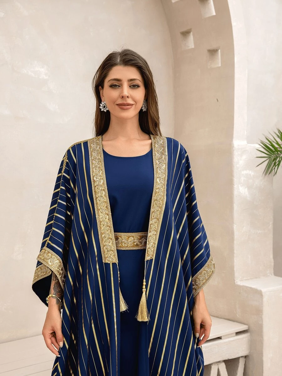 2pcs Set Style Gold Foil Retro Print Long Dress For Women, Modest Kaftan - Blue - View 1