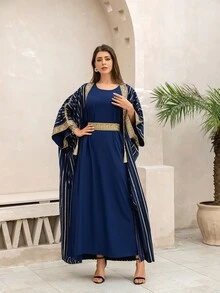 2pcs Set Style Gold Foil Retro Print Long Dress For Women, Modest Kaftan - Blue - View 2