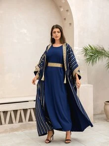 2pcs Set Style Gold Foil Retro Print Long Dress For Women, Modest Kaftan - Blue - View 8