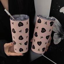 1 件 20 盎司/600 毫升黑色心形蝴蝶结系列保温杯、可重复使用旅行杯、带盖露营咖啡杯、真空瓶、返校、节日、生日礼物（不含吸管）返校 - 彩色 - 查看 3