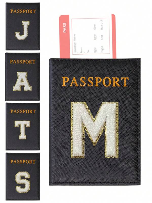 Custodia per passaporto, portaidentità, portacarte di credito e biglietto da visita, protezione in pelle PU con aletta, copertine per passaporto con ricamo etichetta iniziale da A a Z, portapassaporto e portafoglio per viaggi all'aperto, accessori per vacanza, forniture scolastiche per studenti