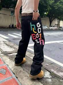 1pc Loose Fitting Colorful Letter Print Wide Leg Jeans For Men - Black - View 1