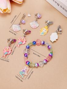 13PCS Girls Color Clip-On Earring Bracelet Accessory Set, Cute Cartoon Butterfly Mermaid Shell Pretend Princess Jewelry No Earring Earring Game Earring Earring Earring Pad, Suitable For Birthday Party Gifts And Daily Use