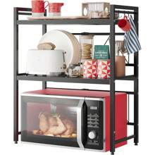 Expandable Microwave Shelf,3 Tier Microwave Stand,Microwave Oven Rack With 4 Hooks,Microwave Shelf Stand,Desktop Printer Shelf Rack, Bakers Rack,Kitchen Countertop Organiser Shelves - Black - View 1