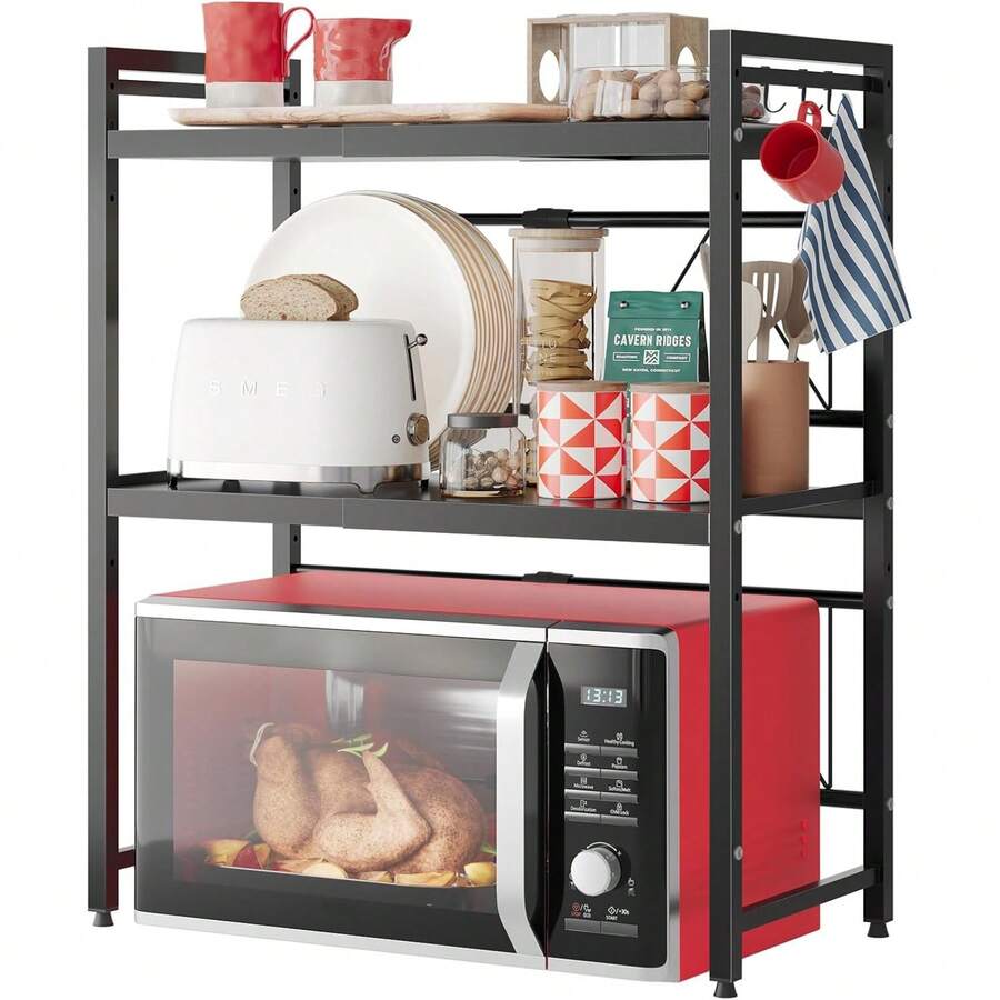 Expandable Microwave Shelf,3 Tier Microwave Stand,Microwave Oven Rack With 4 Hooks,Microwave Shelf Stand,Desktop Printer Shelf Rack, Bakers Rack,Kitchen Countertop Organiser Shelves - Black - View 1