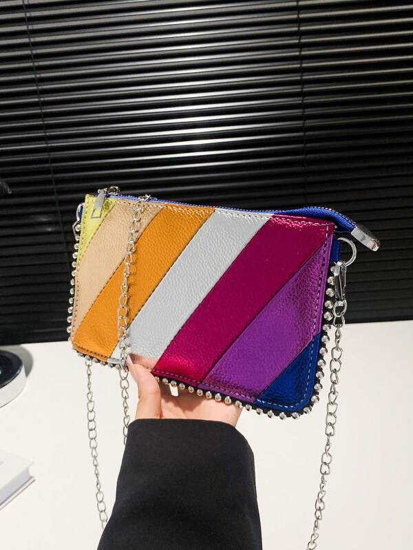 Dopamin-Stil lässige Regenbogen-Streifen Tasche mit Metall-Kette, geeignet für Universität/College, Pendeln/Büro, Festivals/Urlaub/Party/Alltag, für Frauen, Berufsanfänger & Büromitarbeiter, Mädchen, Studentinnen, Damen, Regenbogen Tasche