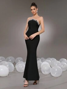 Modphy Black Strapless Pearl Mermaid Maxi Bandage Dress, Bridesmaid Gown For Wedding, Party, Formal Evening Dress, Elegant Prom Dress, For Wedding Guest, Graduation, Dinner