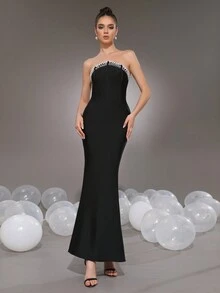 Modphy Black Strapless Pearl Mermaid Maxi Bandage Dress, Bridesmaid Gown For Wedding, Party, Formal Evening Dress, Elegant Prom Dress, For Wedding Guest, Graduation, Dinner
