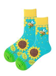 1pair Women Fashionable Sunflower & Bee Patterned Mid-Calf Socks - Multicolor - View 2