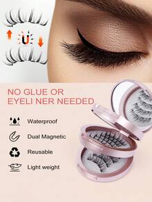 3 Pairs Magnetic False Eyelashes Kit With Mirror & Applicator Reusable Glue-Free Eyelashes Natural Manga Eyelashes Cat Eye Fluffy Faux Mink Eye Lashes With Tweezers Makeup Tool For Beauty, Travel, Daily Work,Halloween,Cosplay - 黑色 - 查看 5