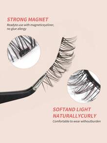 3 Pairs Magnetic False Eyelashes Kit With Mirror & Applicator Reusable Glue-Free Eyelashes Natural Manga Eyelashes Cat Eye Fluffy Faux Mink Eye Lashes With Tweezers Makeup Tool For Beauty, Travel, Daily Work,Halloween,Cosplay - 黑色 - 查看 4