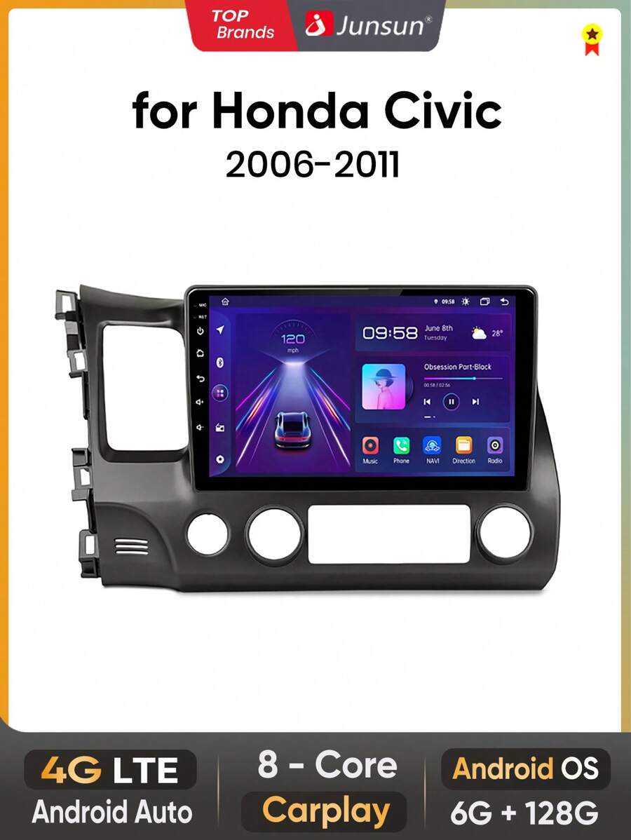 Junsun Android 13 Car Radio Stereo For Hnda Civic 8 2005 2006 2007 2008 2009 2010 2011 2012 Car Auto Radio Built-In Wireless Carplay For Apple & Android Auto 10 Inch Automotive Multimedia Touch Screen 4G LTE  8 Core 6GB RAM 128GB ROM Car Intelligent Systems Head Unit With GPS Navigation DSP Bluetooth