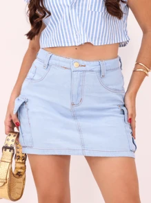 Stylish High Waist Short Cargo Jeans Skirt With Side Pockets Summer 2025 - 淺色水洗藍 - 查看 1