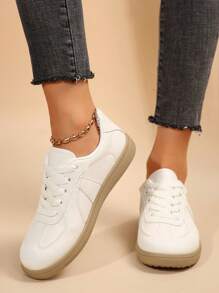 全新软底白色运动鞋平底鞋系带休闲运动鞋低帮复古休闲鞋轻便透气女鞋 - 白色 - 查看 3