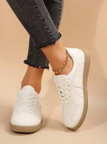 全新软底白色运动鞋平底鞋系带休闲运动鞋低帮复古休闲鞋轻便透气女鞋 - 白色 - 查看 4