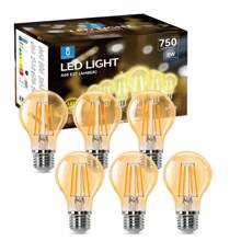 Aigostar  Bombilla LED E27 Edison, 8W Equivalente a 57W, Blanco Cálido 2200K, 750 Lúmenes, Bombilla LED Vintage Decorativa A60 de Filamento, No Regulable, Cristal ámbar, Pack 6 - Blanco Cálido - Ver 1