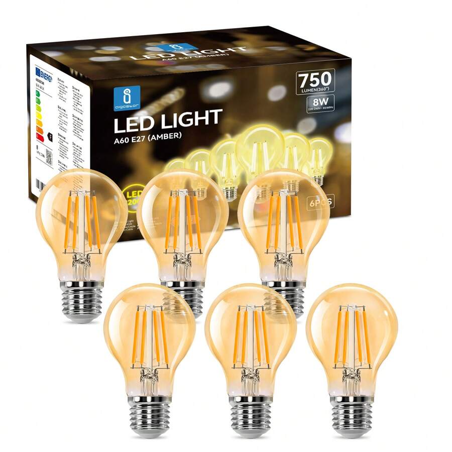 Aigostar  Bombilla LED E27 Edison, 8W Equivalente a 57W, Blanco Cálido 2200K, 750 Lúmenes, Bombilla LED Vintage Decorativa A60 de Filamento, No Regulable, Cristal ámbar, Pack 6 - Blanco Cálido - Ver 1
