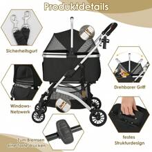 Portable Pet Stroller 3 In 1 Dog Buggy Transport Bag Cat Buggy, Up To 40 Kg, Dog Cart With Mesh Windows & Cup Holder & Spring Shock Absorber, For Small And Medium Cat Dog - Black - View 6