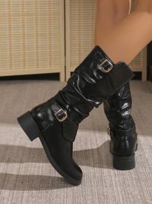 2025 秋冬时尚朋克风格亮面黑色踝带仿鳄鱼压纹褶皱中筒靴，粗方跟，适合情人节、万圣节、毕业季、约会、购物、通勤、派对 - 黑色 - 查看 4