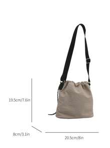 1pc Plush Pendant Accessory Included, 1pc Nylon Solid Color Drawstring Bucket Bag, Crossbody Shoulder Bag For Women, Fashion - Beige - View 4