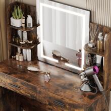 VOWNER Makeup Vanity Desk With Outlet, LED Lighted Mirror Brightness & Color Adjustable, 4 Shelves, 2 Drawers And Stool, For Girls Women - 質樸棕色 - 查看 7
