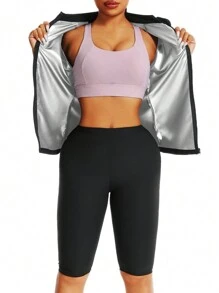 1pc 2025 New Women Outdoor Running/Fitness Short Sleeve Sports Yoga Tight Shirt With Zipper, Sauna Exercise Wear For Weight Loss, Shaping Underwear To Control Abdomen, Waist And Bust Gym Accessories Belly Slimming Girdles, Lumbar Girdles Belly Slimming Corset - Silver - View 6