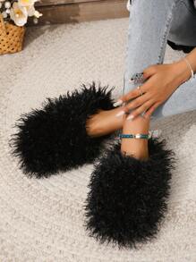 Fluffy Fleece Slide Slippers For Women, Warm Indoor Home Fuzzy House Shoes, Winter