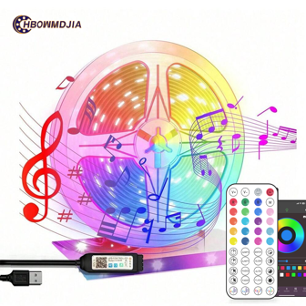 3ft-50ft RGB LED 灯带，带 44 键遥控器，LED 灯具有音乐同步和变色功能，可定时、调节亮度和调节颜色，可切割，安装非常容易，适用于客厅装饰、卧室装饰、娱乐室、儿童房装饰、节日氛围灯万圣节装饰
