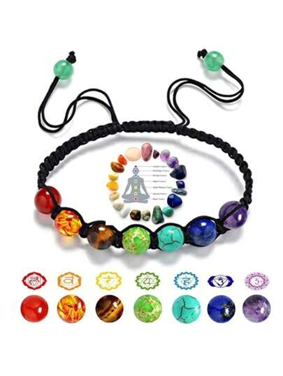 1 pieza Pulsera de cuentas de los 7 chakras - Ajustable, hecha a mano con piedras vibrantes para equilibrar - Regalo espiritual perfecto o amuleto de la suerte, pulsera de cuerda duradera para uso diario