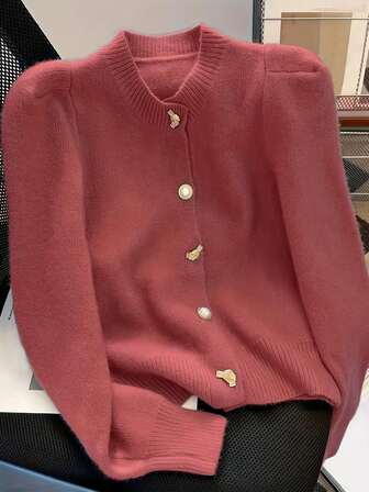 女士优雅休闲宽松针织开衫，泡泡袖，春秋季