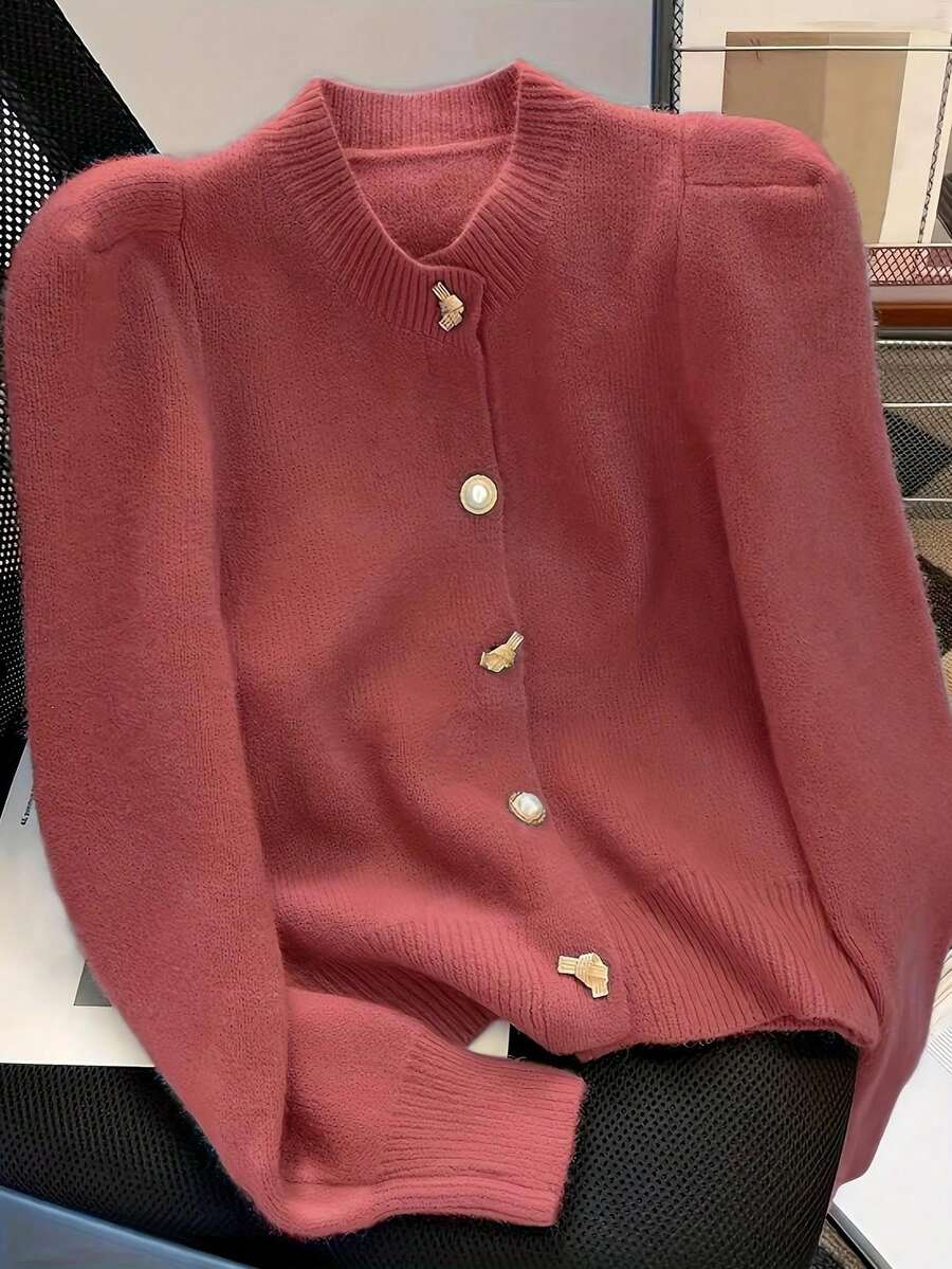 Elegant Casual Loose Knitted Cardigan With Puff Sleeves For Women, Spring Autumn - Hot Pink - View 1