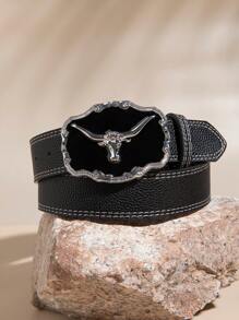 1 pieza Hebilla de metal con cabeza de toro vintage de moda negra para hombre, cinturón estampado en varios colores, accesorio versátil para vaqueros
