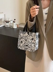 1pc Floral Print Canvas Tote Bag, Shoulder Bag, Lightweight Crossbody Bag, Convenient Storage Bag, Commuter Bag For Women, Large Capacity Handbag, Multi-Function Embroidered Flower Shoulder Bag, Portable Storage Bag - Multicolor - View 5