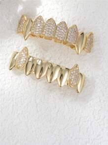 1-2件朋克嘻哈风格镀金铜锆石牙套，吸血鬼牙齿装饰，男女皆宜，适合日常佩戴和角色扮演派对 - 無色 - 查看 7