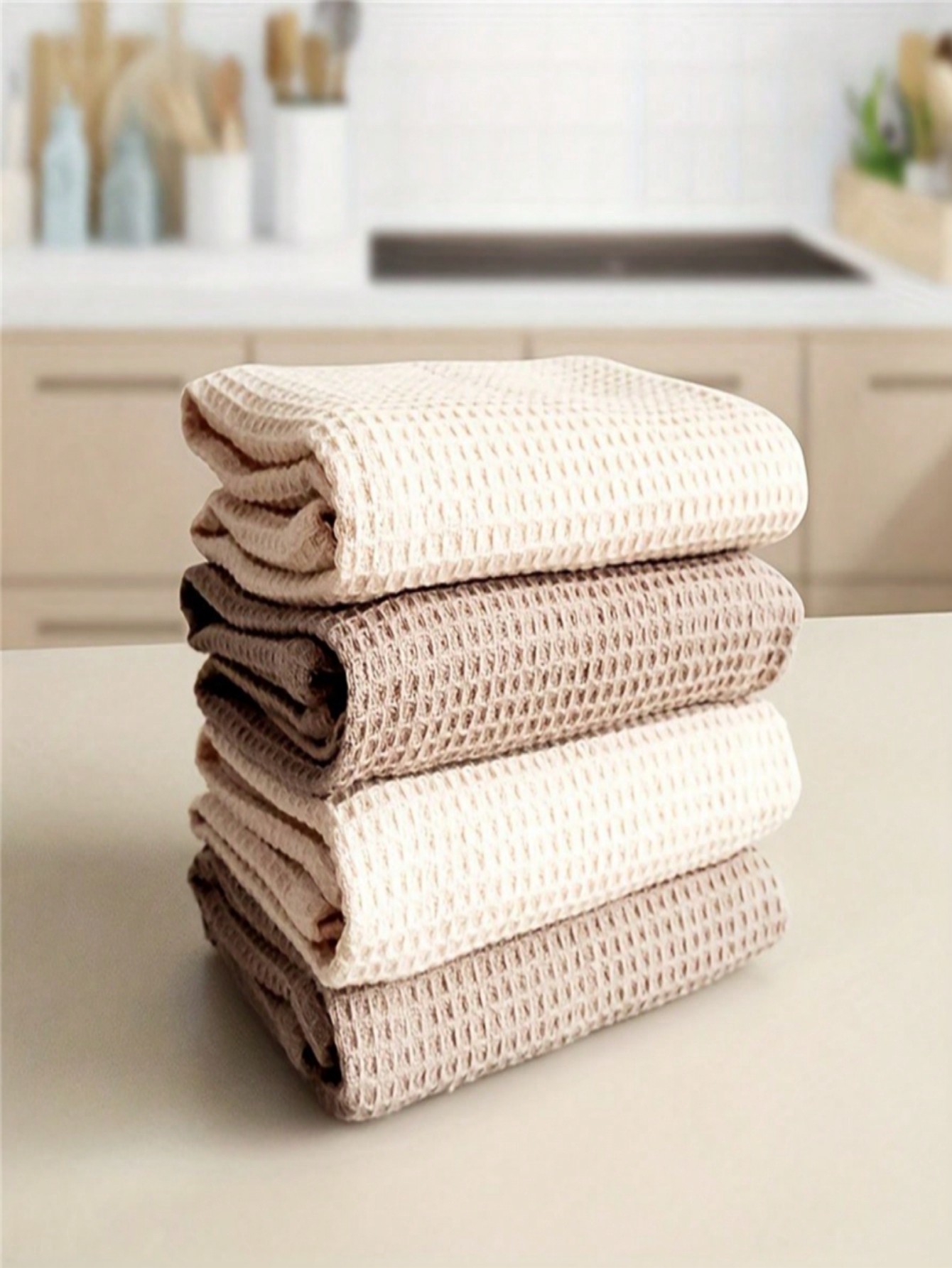 4 piezas Juego de paños y toallas de tejido de waffle moderno, lavar a mano solamente, súper absorbente y con pelusa mínima, paños de limpieza de cocina para secar platos y tareas del hogar, color café