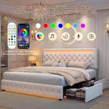 GEGOFORU Queen LED Bed Frame With 4 Storage Drawers, RGBW Smart Lights In Headboard & Footboard, Adjustable Upholstered Headboard, No Box Spring Needed - Velvet white - View 2